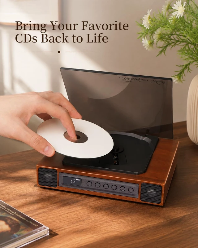 Alt view image 2 of 7 - K10 Bluetooth CD Player with Speakers for Home, Rechargeable Remote Control, Bluetooth 5.3 Input & Output, USB Playback, AUX Input & Optical Output, CD-R/RW & MP3 CDs, Retro Wood-Style