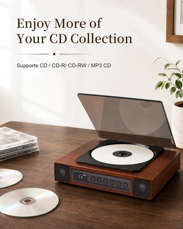 Alt view image 3 of 7 - K10 Bluetooth CD Player with Speakers for Home, Rechargeable Remote Control, Bluetooth 5.3 Input & Output, USB Playback, AUX Input & Optical Output, CD-R/RW & MP3 CDs, Retro Wood-Style