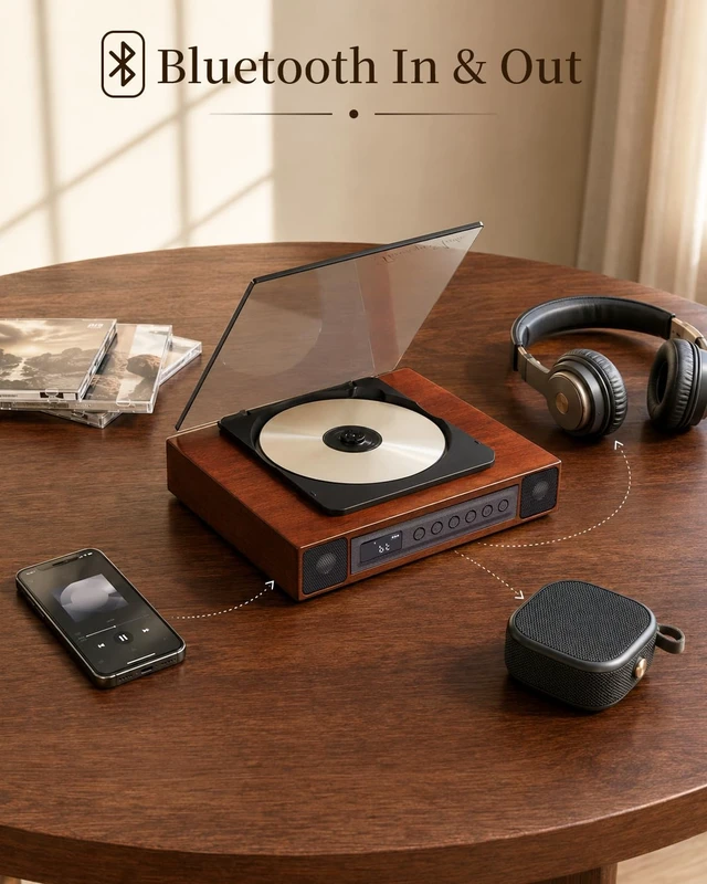 Alt view image 4 of 7 - K10 Bluetooth CD Player with Speakers for Home, Rechargeable Remote Control, Bluetooth 5.3 Input & Output, USB Playback, AUX Input & Optical Output, CD-R/RW & MP3 CDs, Retro Wood-Style