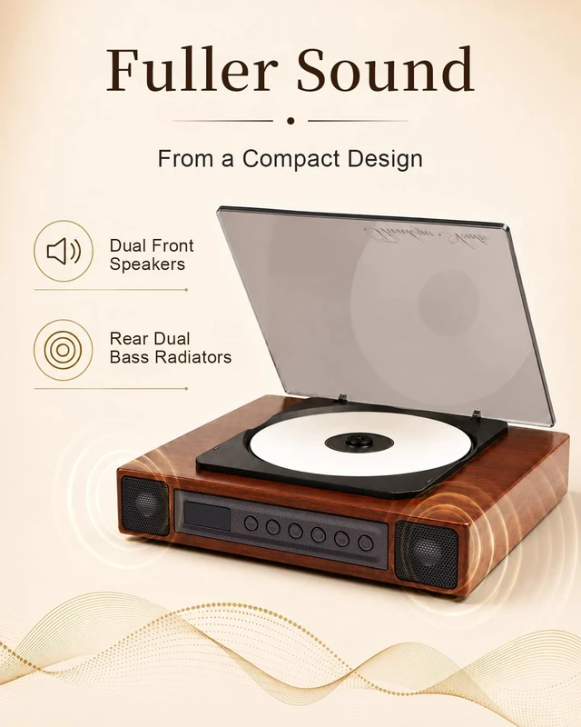 Alt view image 6 of 7 - K10 Bluetooth CD Player with Speakers for Home, Rechargeable Remote Control, Bluetooth 5.3 Input & Output, USB Playback, AUX Input & Optical Output, CD-R/RW & MP3 CDs, Retro Wood-Style