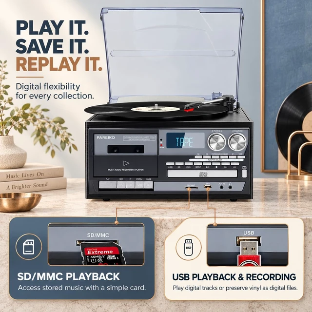 Alt view image 4 of 7 - Vintage-Inspired 9-in-1 Record Player Where Timeless Vinyl Meets Modern Wireless Freedom: Bluetooth Input & Output, 3-Speed Turntable, CD, Cassette, USB/SD, AM/FM Radio and Built-in Speakers