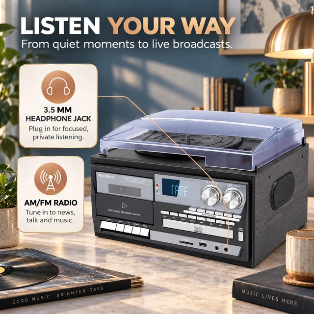 Alt view image 5 of 7 - Vintage-Inspired 9-in-1 Record Player Where Timeless Vinyl Meets Modern Wireless Freedom: Bluetooth Input & Output, 3-Speed Turntable, CD, Cassette, USB/SD, AM/FM Radio and Built-in Speakers