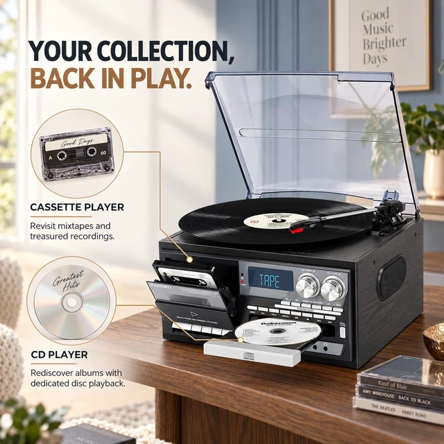 Alt view image 6 of 7 - Vintage-Inspired 9-in-1 Record Player Where Timeless Vinyl Meets Modern Wireless Freedom: Bluetooth Input & Output, 3-Speed Turntable, CD, Cassette, USB/SD, AM/FM Radio and Built-in Speakers