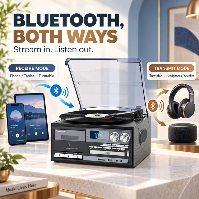 Alt view image 3 of 7 - Vintage-Inspired 9-in-1 Record Player Where Timeless Vinyl Meets Modern Wireless Freedom: Bluetooth Input & Output, 3-Speed Turntable, CD, Cassette, USB/SD, AM/FM Radio and Built-in Speakers