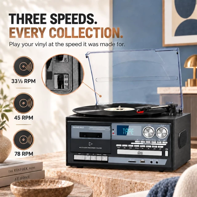 Alt view image 7 of 7 - Vintage-Inspired 9-in-1 Record Player Where Timeless Vinyl Meets Modern Wireless Freedom: Bluetooth Input & Output, 3-Speed Turntable, CD, Cassette, USB/SD, AM/FM Radio and Built-in Speakers