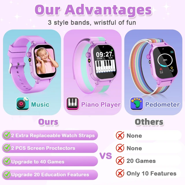 Alt view image 3 of 7 - Smart Watch for Kids Girls Gifts for Aged 4-12, 40 Games HD TouchScreen Kids Watch Video Camera, Music, Pedometer, Audiostory, Learn Card, 2 Extra Bands, Birthday Gift for 6 7 8 9 Year Olds Purple