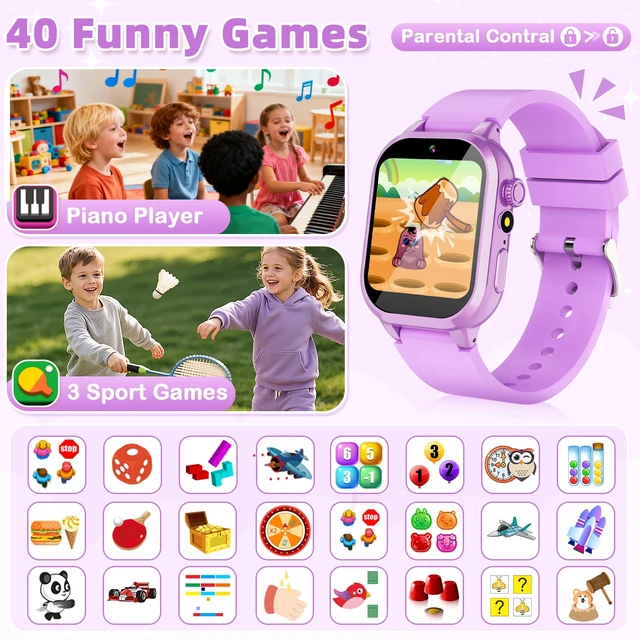 Alt view image 5 of 7 - Smart Watch for Kids Girls Gifts for Aged 4-12, 40 Games HD TouchScreen Kids Watch Video Camera, Music, Pedometer, Audiostory, Learn Card, 2 Extra Bands, Birthday Gift for 6 7 8 9 Year Olds Purple