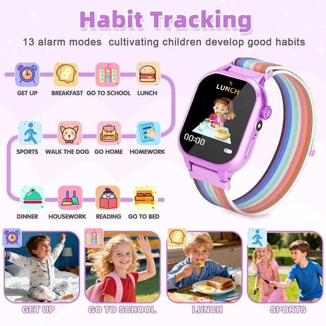 Alt view image 6 of 7 - Smart Watch for Kids Girls Gifts for Aged 4-12, 40 Games HD TouchScreen Kids Watch Video Camera, Music, Pedometer, Audiostory, Learn Card, 2 Extra Bands, Birthday Gift for 6 7 8 9 Year Olds Purple