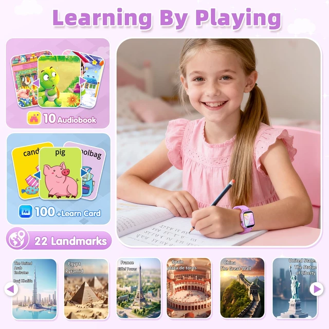 Alt view image 7 of 7 - Smart Watch for Kids Girls Gifts for Aged 4-12, 40 Games HD TouchScreen Kids Watch Video Camera, Music, Pedometer, Audiostory, Learn Card, 2 Extra Bands, Birthday Gift for 6 7 8 9 Year Olds Purple