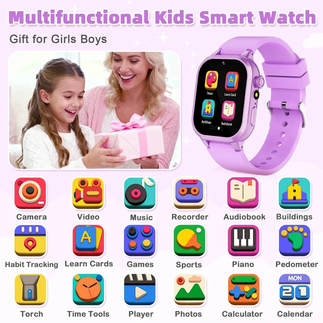 Alt view image 2 of 7 - Smart Watch for Kids Girls Gifts for Aged 4-12, 40 Games HD TouchScreen Kids Watch Video Camera, Music, Pedometer, Audiostory, Learn Card, 2 Extra Bands, Birthday Gift for 6 7 8 9 Year Olds Purple
