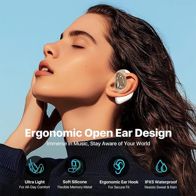 Alt view image 7 of 7 - Open Ear Earbuds Ultra Comfort Wireless Bluetooth 5.4 Headphones Over The Ear Earbuds with Intelligent Touch Screen EarHooks IPX7 Waterproof Bone Conduction Earphones for Fitness Sports-OFF WHITE