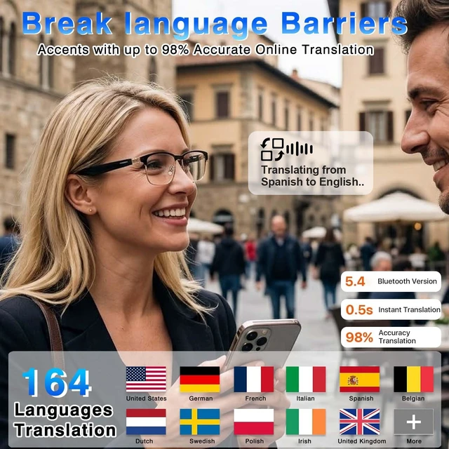 Alt view image 2 of 7 - Ai Translation Smart Glasses with Chat GPT, Bluetooth Glasses for Men Women 164+ Language & Accents, Translation Glasses Color-Change Lens, Open Ear Lighweight Eyeware