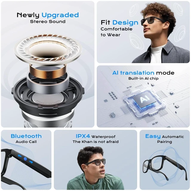 Alt view image 4 of 7 - AI Smart Glasses,Bluetooth Glasses with 140+ Languages Online Translation, Photochromic Lenses, Built-in Mic & Speakers,Anti-Blue Light Lens with Listening Voice Control,Perfect for Indoor Outdoor