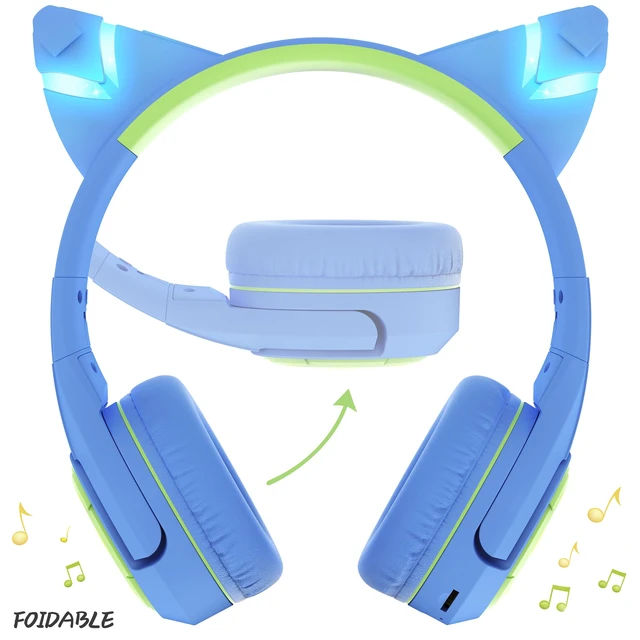 Alt view image 2 of 6 - CF9 Kids Bluetooth Headphones Cat Ear with LED Light Up,Safe 85dB Volume Limit,Built-in Mic&Boom Mic for Calls,Kids Wireless&Wired Headphones for Tablet/Airplane/School/Online Learning
