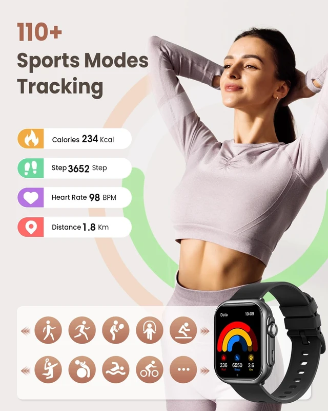 Alt view image 6 of 7 - Smart Watches for Women Android& iPhone, 1000mAh Battery, 5ATM 1.83" Fitness Tracking Smartwatches with Health Monitoring(24/7 Heart Rate, Sleep), Messages and App Notifications, Black