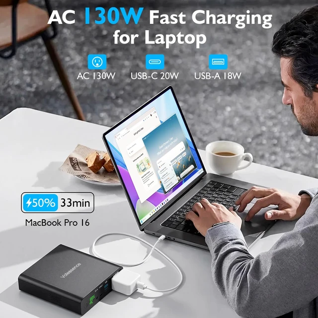 Alt view image 4 of 7 - 27000mAh AC 130W Laptop Charger, TSA-Approved CPAP Power Bank TSA 99.9Wh AC Outlet 130W Fast Charge with Pass-Through, CPAP Backup, Powers MacBook Surface & Drones, Compact Emergency Use