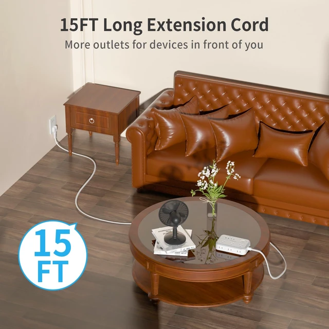 Alt view image 2 of 7 - Extension Cord 15 FT, 1875W Two Prong to Three Prong Outlet Adapter, Power Strip, Rotating Plug 2 Prong Extension Cord with 4 USB Ports(2 USB C), for Old House