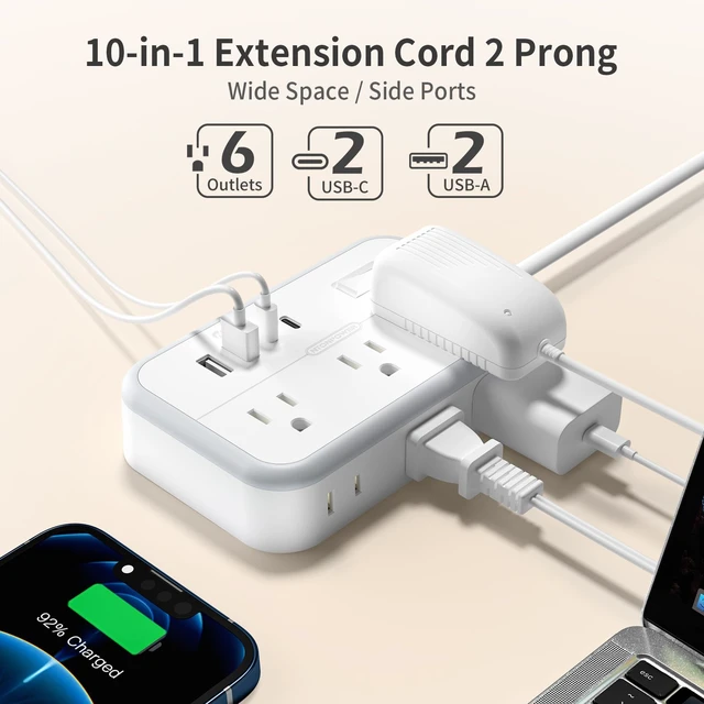 Alt view image 4 of 6 - 2 Prong Power Strip, 1875W/15A 2 Prong to 3 Prong Outlet Adapter, Power Strip with 4 USB Ports(2 USB C), 5 FT Rotating Flat Plug Extension Cord for Old House, Wall Mount