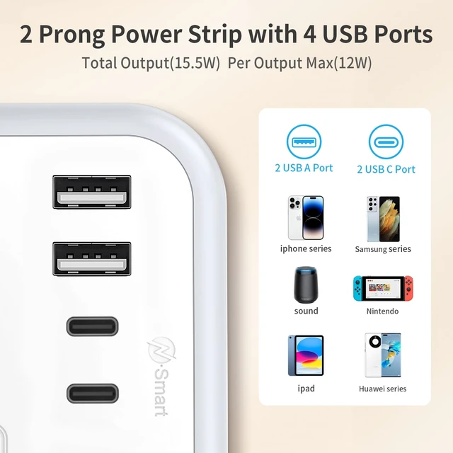 Alt view image 5 of 6 - 2 Prong Power Strip, 1875W/15A 2 Prong to 3 Prong Outlet Adapter, Power Strip with 4 USB Ports(2 USB C), 5 FT Rotating Flat Plug Extension Cord for Old House, Wall Mount