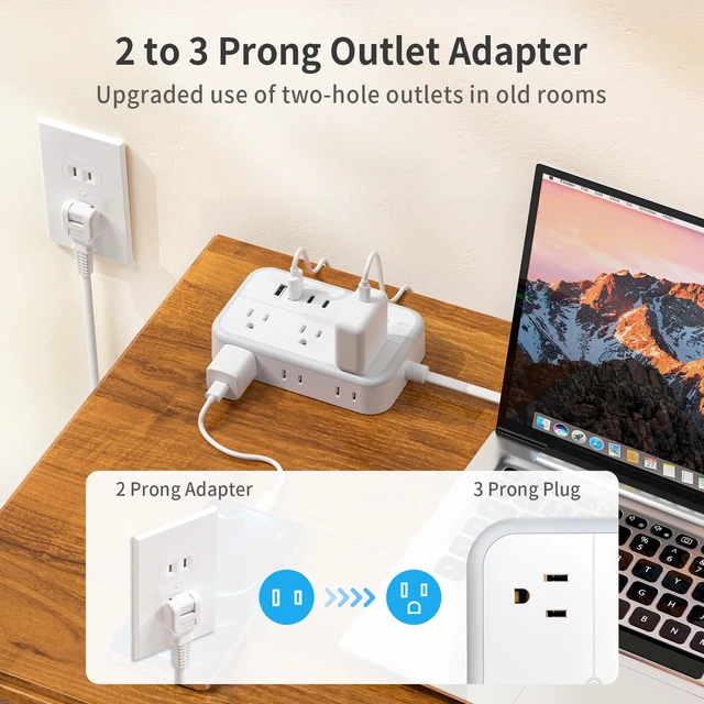 Alt view image 7 of 7 - Extension Cord 15 FT, 1875W Two Prong to Three Prong Outlet Adapter, Power Strip, Rotating Plug 2 Prong Extension Cord with 4 USB Ports(2 USB C), for Old House