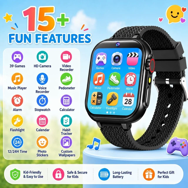 Alt view image 5 of 7 - Kids Smart Watch for Boys Girls Ages 3-12, Smartwatch Toys with 39 Games, HD Touch Screen, Camera Video Recorder, Music Player, Pedometer, Alarm, Flashlight, Birthday for Kids
