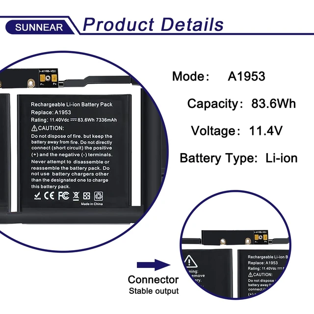 Alt view image 2 of 5 - 83.6Wh A1953 Laptop Battery for MacBook Pro 15-Inch A1990(Mid 2018-2019) 11.4V 7336mAh for A1990 EMC 3215 3359 BTO/CTO MV902LL/A MV912LL/A MV922LL/A MV932LL/A MV942LL/A MV952LL/A MR962LL/A MV902B/A