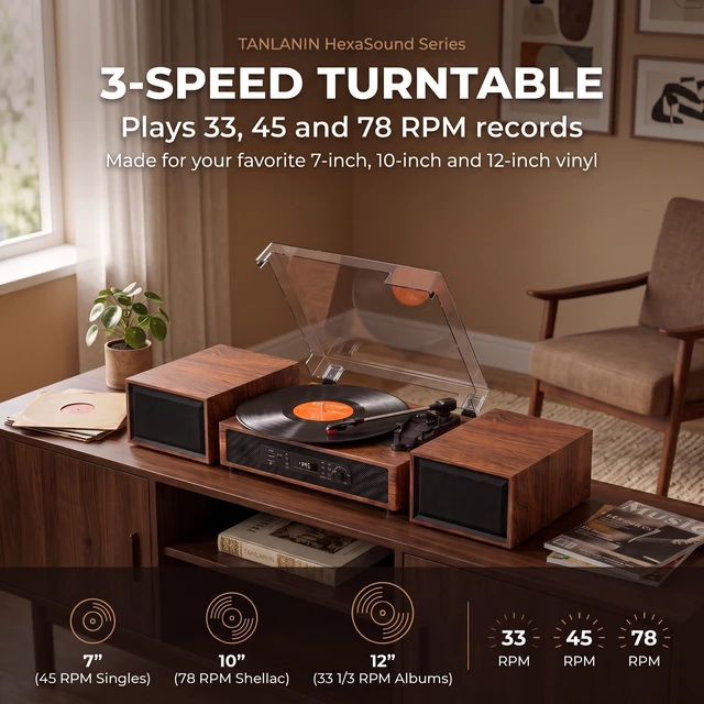 Alt view image 2 of 7 - Vinyl Record Player with 6 Speakers HiFi Sound 4+2 External Stereo Speakers Bluetooth 3-Speed Belt-Drive 6 Speakers Turntable, USB/SD Recording, RCA & AUX-in, Headphone Out Vintage Brown