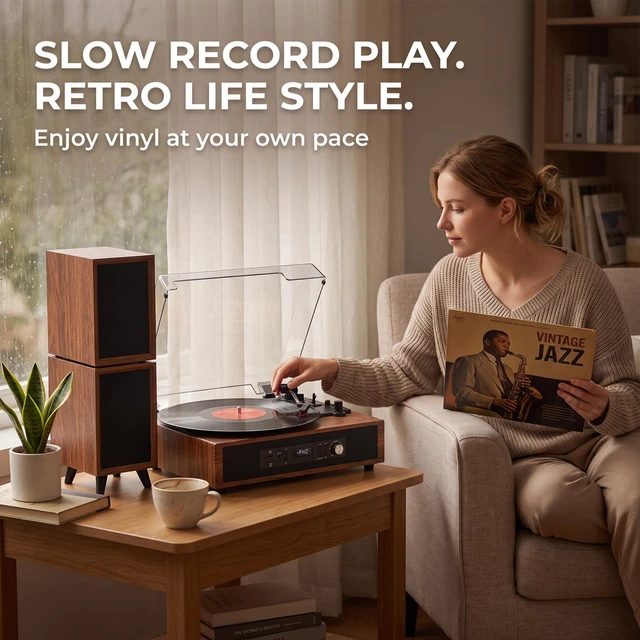 Alt view image 4 of 7 - Vinyl Record Player with 6 Speakers HiFi Sound 4+2 External Stereo Speakers Bluetooth 3-Speed Belt-Drive 6 Speakers Turntable, USB/SD Recording, RCA & AUX-in, Headphone Out Vintage Brown