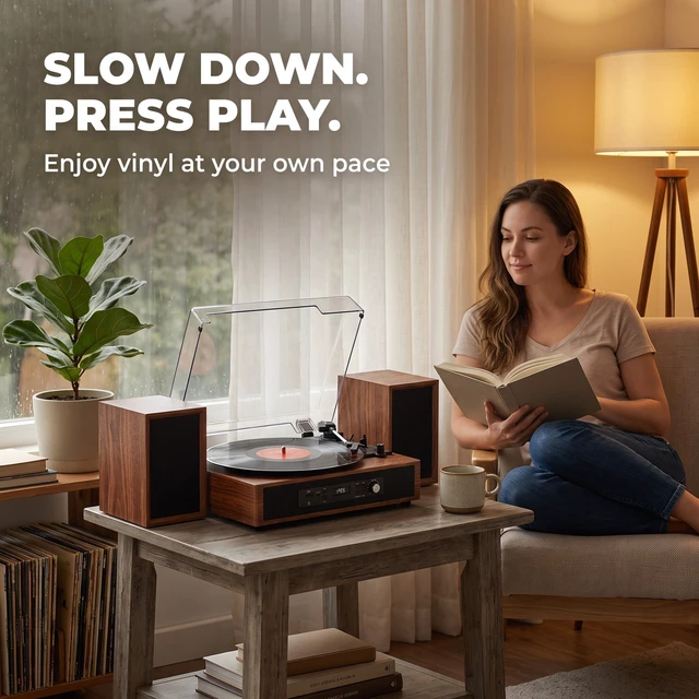 Alt view image 3 of 7 - Vinyl Record Player with 6 Speakers HiFi Sound 4+2 External Stereo Speakers Bluetooth 3-Speed Belt-Drive 6 Speakers Turntable, USB/SD Recording, RCA & AUX-in, Headphone Out Vintage Brown