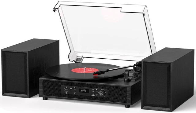 Main image of Vinyl Record Player with External Speakers Bluetooth 3-Speed Black Wood Belt Drive Turntable for Vinyl Records Two Speakers USB/SD Recording RCA Headphone Out& AUX-in, Vintage