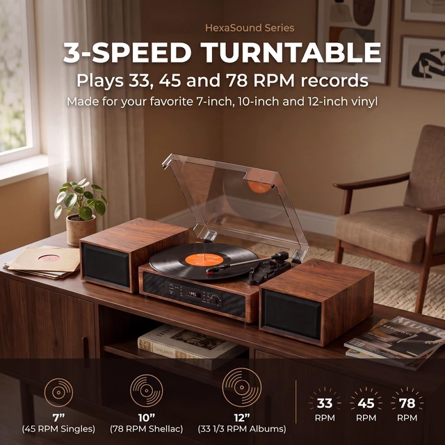Alt view image 5 of 7 - Vinyl Record Player with 6 Speakers HiFi Sound 4+2 External Stereo Speakers Bluetooth 3-Speed Belt-Drive 6 Speakers Turntable, USB/SD Recording, RCA & AUX-in, Headphone Out Vintage Brown