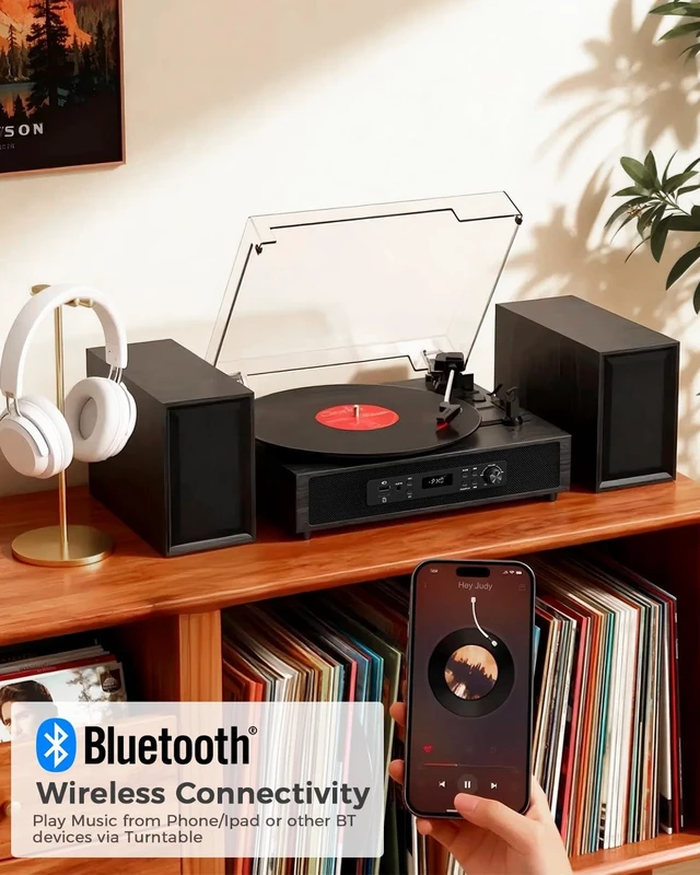 Alt view image 4 of 7 - Vinyl Record Player with External Speakers Bluetooth 3-Speed Black Wood Belt Drive Turntable for Vinyl Records Two Speakers USB/SD Recording RCA Headphone Out& AUX-in, Vintage
