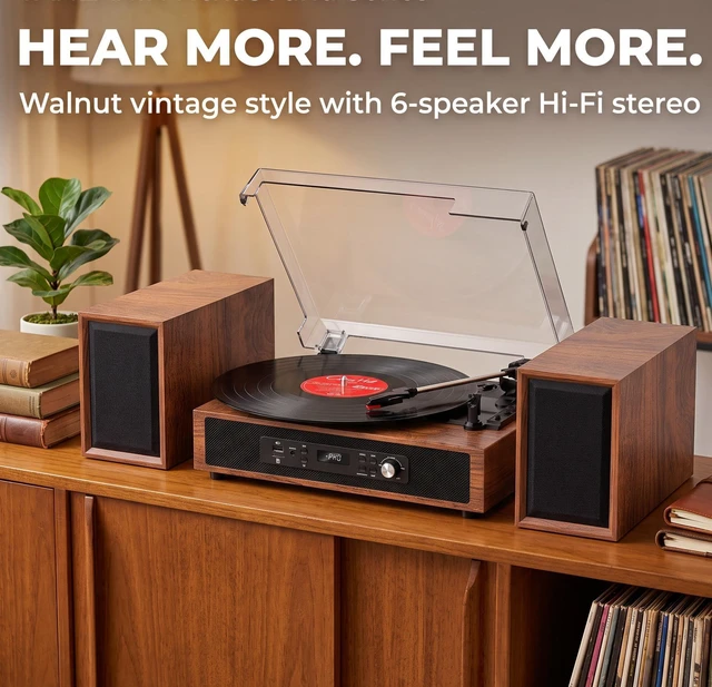 Alt view image 7 of 7 - Vinyl Record Player with 6 Speakers HiFi Sound 4+2 External Stereo Speakers Bluetooth 3-Speed Belt-Drive 6 Speakers Turntable, USB/SD Recording, RCA & AUX-in, Headphone Out Vintage Brown