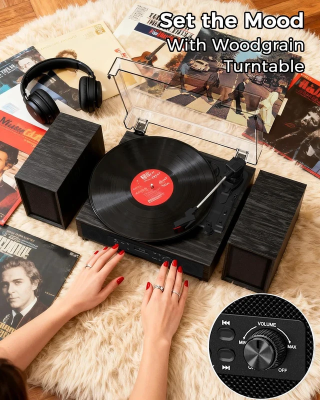 Alt view image 6 of 7 - Vinyl Record Player with External Speakers Bluetooth 3-Speed Black Wood Belt Drive Turntable for Vinyl Records Two Speakers USB/SD Recording RCA Headphone Out& AUX-in, Vintage