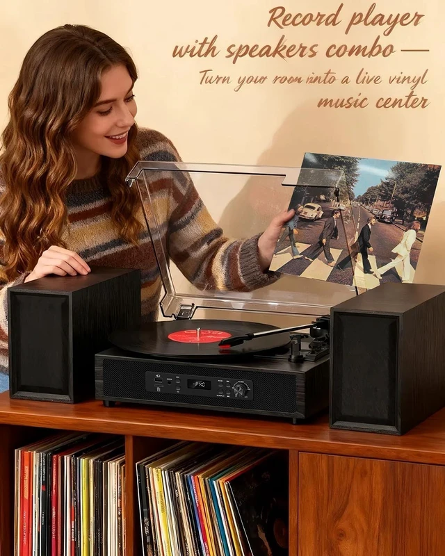 Alt view image 7 of 7 - Vinyl Record Player with External Speakers Bluetooth 3-Speed Black Wood Belt Drive Turntable for Vinyl Records Two Speakers USB/SD Recording RCA Headphone Out& AUX-in, Vintage