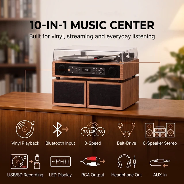 Alt view image 6 of 7 - Vinyl Record Player with 6 Speakers HiFi Sound 4+2 External Stereo Speakers Bluetooth 3-Speed Belt-Drive 6 Speakers Turntable, USB/SD Recording, RCA & AUX-in, Headphone Out Vintage Brown