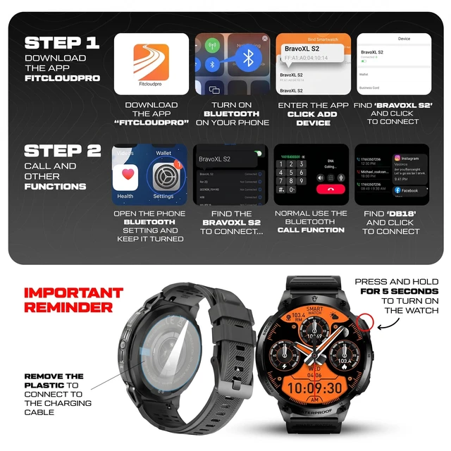 Alt view image 7 of 7 - Bravo XL 2 Smartwatch for Men, Big Face Tactical Smart Watch, 720mAh 21-Day Battery, AMOLED Display, Built-in Flashlight, Bluetooth Calling, IP68 Water Resistant, for Android iPhone