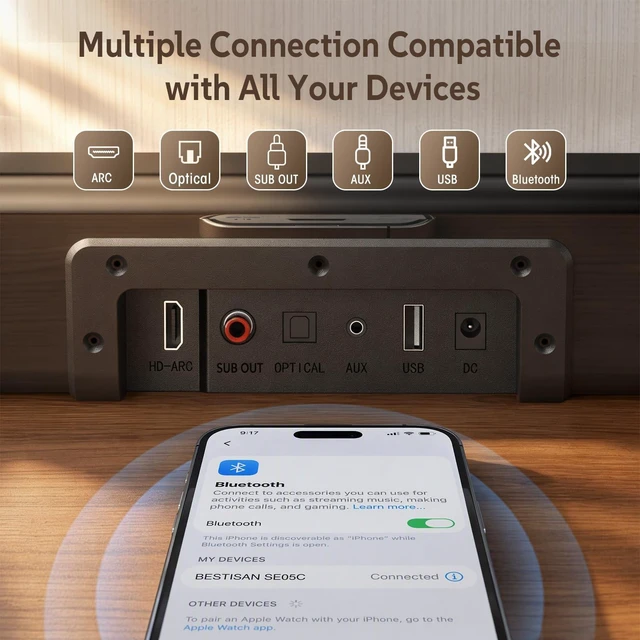 Alt view image 4 of 7 - Sound Bar, BESTISAN 50 Watts Soundbar with HDMI, Optical, AUX, USB,Sub Out and Bluetooth Connection, DSP, Bass Adjustable, 16 Inch, Mountable