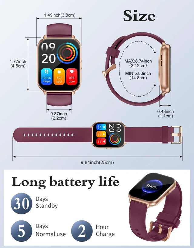 Alt view image 7 of 7 - Smart Watches for Women (Answer/Make Call, 2 Bands), 1.8", Purple Smartwatch for iPhone/Android Phone, Fitness Tracker Heart Rate/Sleep Monitor, Step Calories Counter Digital Watch Waterproof