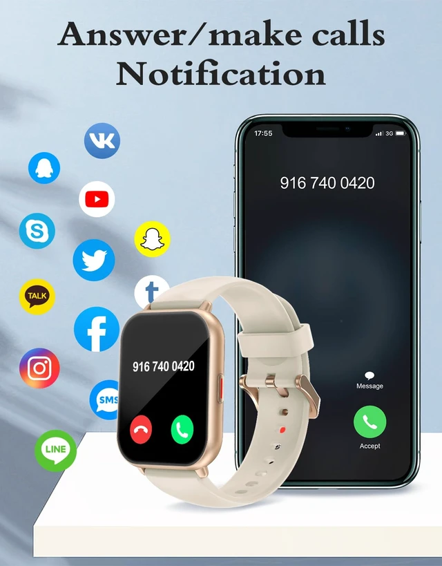Alt view image 2 of 7 - Smart Watches for Women Men (Answer/Make Call, 2 Bands), 1.8", Cream Smartwatch for iPhone/Android Phone, Fitness Tracker Heart Rate/Sleep Monitor, Step Calories Counter Digital Watch Waterproof