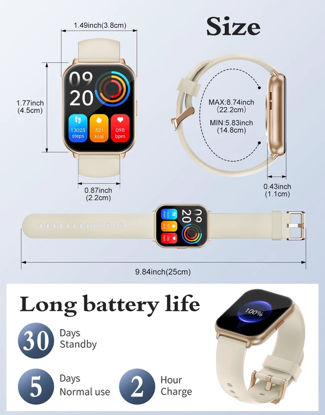 Alt view image 7 of 7 - Smart Watches for Women Men (Answer/Make Call, 2 Bands), 1.8", Cream Smartwatch for iPhone/Android Phone, Fitness Tracker Heart Rate/Sleep Monitor, Step Calories Counter Digital Watch Waterproof