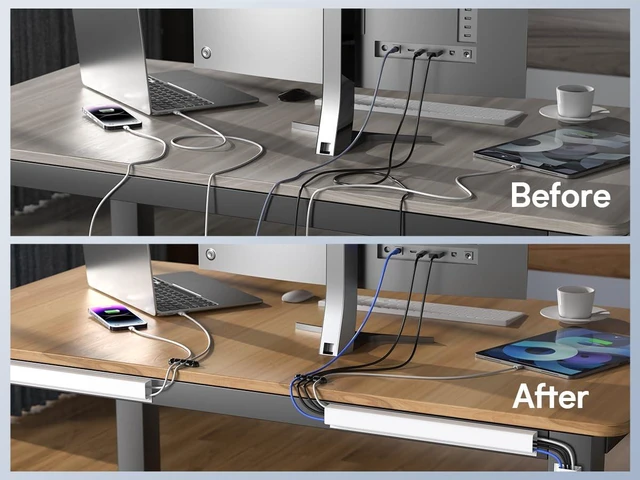 Alt view image 2 of 7 - 4 Pack Cable Management Under Desk - Office & Home Cable Organizer,J-Channel Cable Management for Clutter-Free Environment,Cable Management Kit,Cord Organizer for Desk,Cord Management,4X15.7in