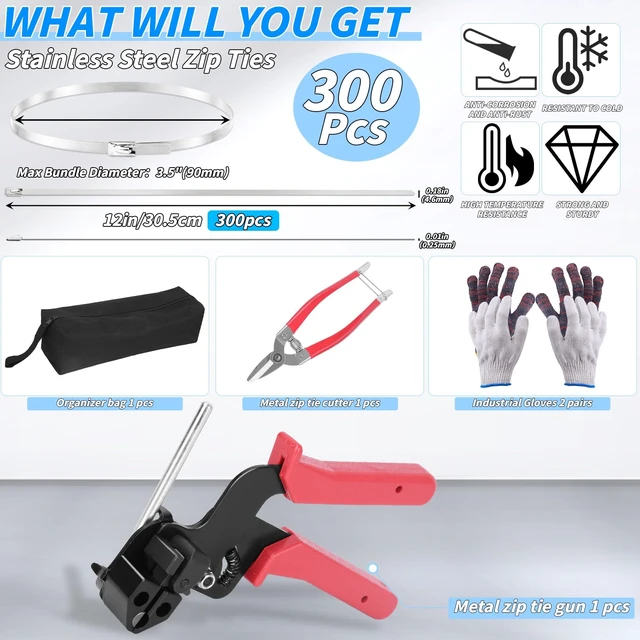 Alt view image 2 of 7 - 300PCS Metal Zip Ties Gun Kit, 12 Inch Heavy Duty Metal Zip Ties, Multi-Purpose Self-Locking Cable Tie Tool Set for Vehicles Farms Plants Fences Pipe Bundling, Scissors