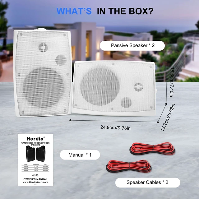 Alt view image 4 of 7 - 5.25" Passive Outdoor Speakers Waterproof Wired, 300W Wall Mount Speakers with Superior Sound,Dual Swivel Brackets for Patio/Deck/Backyard (Pair, White)