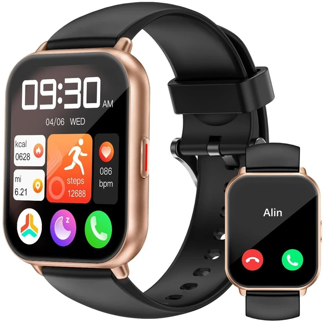 Main image of Smart Watches for Men Women (Answer/Make Call, 2 Bands), 1.8", BK/GD Smartwatch for iPhone/Android Phone, Fitness Tracker Heart Rate/Sleep Monitor, Step Calories Counter Digital Watch Waterproof