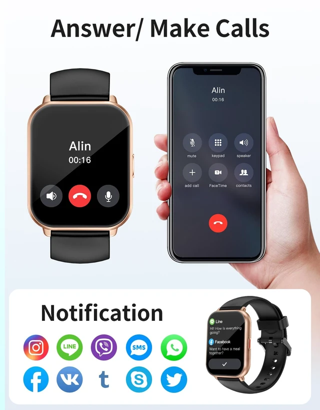 Alt view image 2 of 7 - Smart Watches for Men Women (Answer/Make Call, 2 Bands), 1.8", BK/GD Smartwatch for iPhone/Android Phone, Fitness Tracker Heart Rate/Sleep Monitor, Step Calories Counter Digital Watch Waterproof