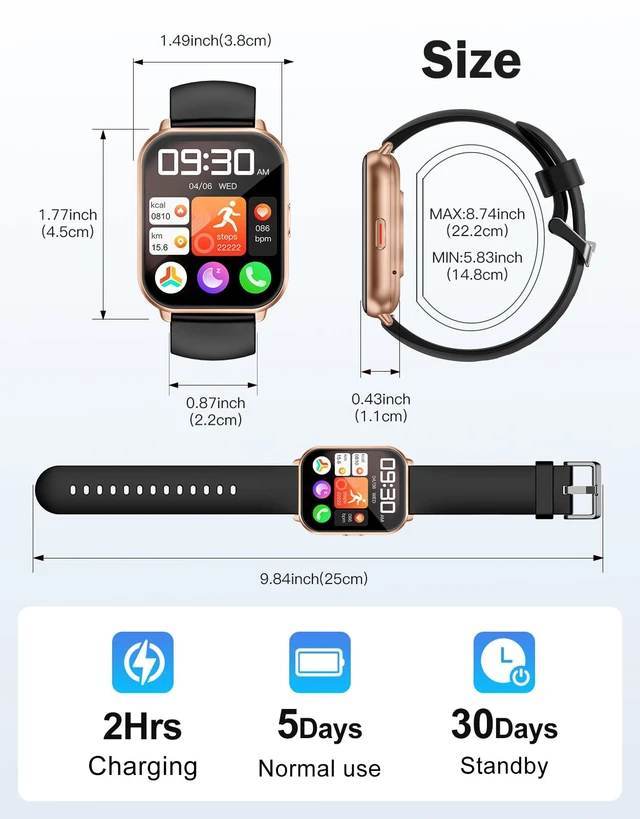 Alt view image 7 of 7 - Smart Watches for Men Women (Answer/Make Call, 2 Bands), 1.8", BK/GD Smartwatch for iPhone/Android Phone, Fitness Tracker Heart Rate/Sleep Monitor, Step Calories Counter Digital Watch Waterproof