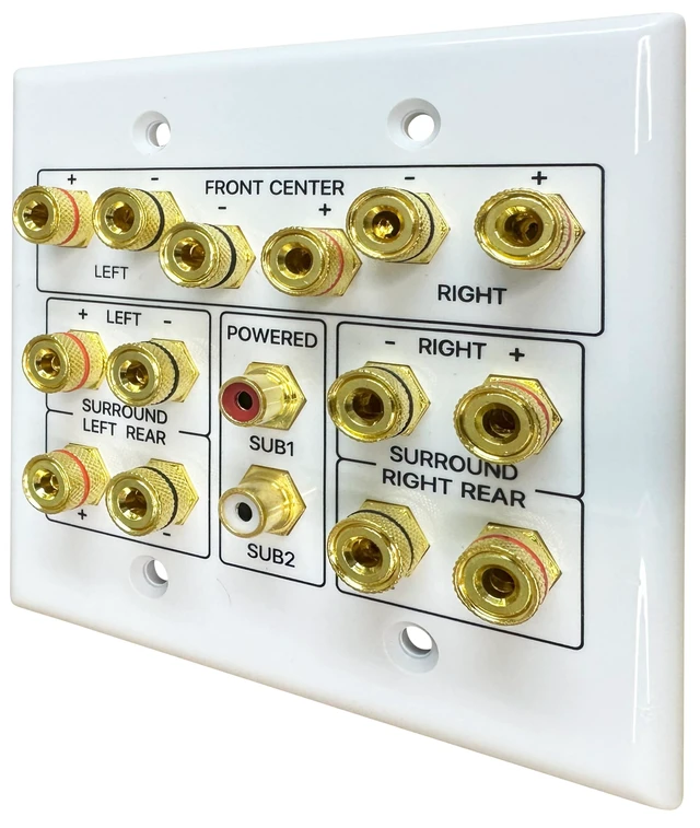 Alt view image 5 of 7 - 7.2 Speaker Wall Plate with Gold Plated Binding Posts Home Theater Speaker Wall Plate with Gold Plated Binding Posts for 7.2 Surround Sound, Speaker Wire & Audio Installations
