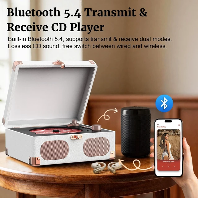 Alt view image 3 of 7 - CD Player with Speakers Retro Portable CD Players for Home Music Player with Remote Control,V5.4 Bluetooth in&Out Desktop Suitcase CD Player with AUX in, Headphone Jack,USB PlaybackWhite