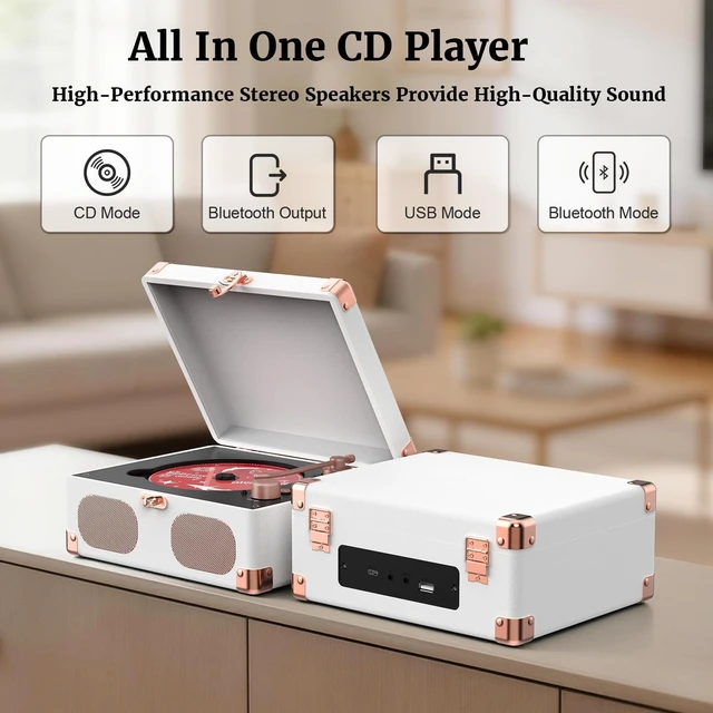 Alt view image 4 of 7 - CD Player with Speakers Retro Portable CD Players for Home Music Player with Remote Control,V5.4 Bluetooth in&Out Desktop Suitcase CD Player with AUX in, Headphone Jack,USB PlaybackWhite